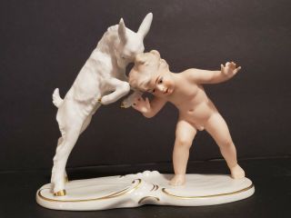 Vintage Wallendorf Boy Butting Heads With Goat - Damage To Finger