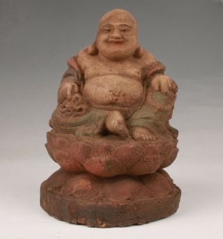 Chinese Wood Statue Maitreya Buddha Worship Spirit Old Hand - Carved Collec Gift