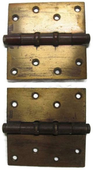 2 Vintage Stanley Brass Commercial Hinges - 4.  5 Inch Open