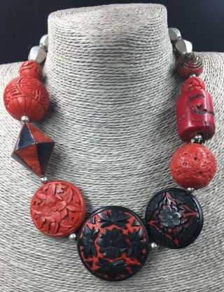 Vintage Chinese Cinnabar Bead Necklace