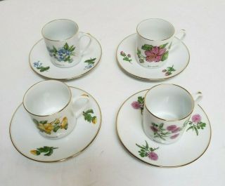 Set Of 4 Demitasse Gold Trim Cups And Saucers Floral Design Made In Puerto Rico
