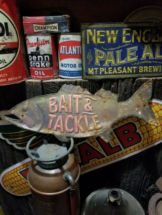 Vintage Old Fishing Bait Tackle Metal Sign Gas Station General Store Hunting