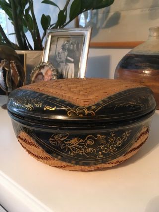 Antique Vintage Chinese Asian Lacquered Woven Basket With Lid 5