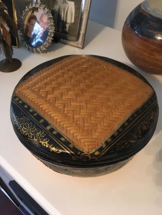 Antique Vintage Chinese Asian Lacquered Woven Basket With Lid 6