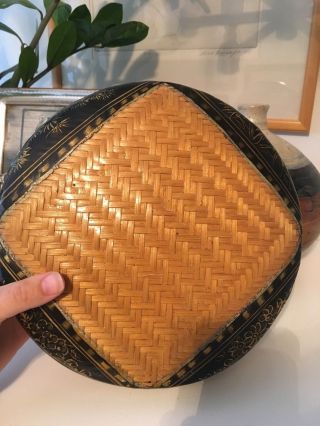Antique Vintage Chinese Asian Lacquered Woven Basket With Lid 8