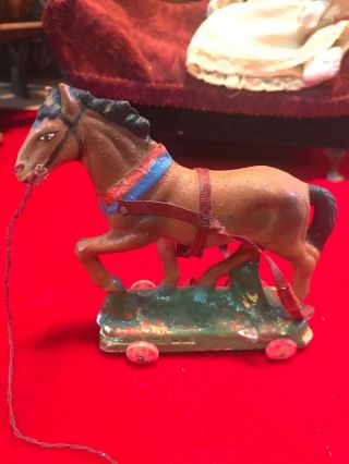 Antique Paper Mache Composite ?4” Work Horse Pull Toy