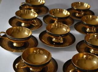 Vintage Rudolf Wachter Rw Bavaria Black & Gold Gilt Teacups With Saucers Set 10