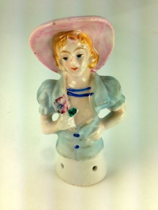 Art Deco Lovely Porcelain Half Doll Pink Hat Figurine.  Japan