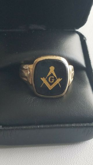 Vintage 10k Yellow Gold Black Onyx Gold Symbol Inlay Masonic Mens Ring Size 10