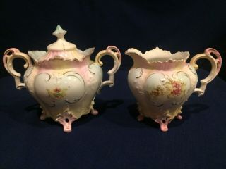 Antique Baroque Porcelain Hand Painted Floral With Gold Trim Creamer&sugar Reduc