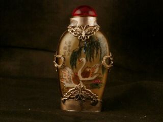 Unusual 19thc Chinese Glass Inside Painting Swan/duck/lotus Snuff Bottle D155