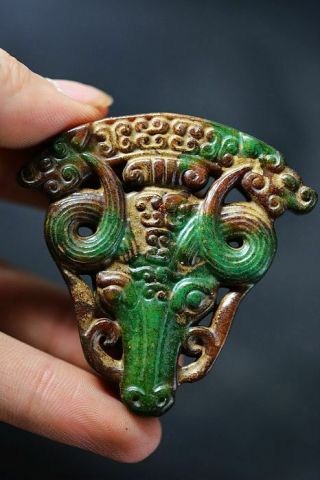 Rare Chinese Old Jade Hand Carved Dragon/ Cattle Head Amulet Pendant J18