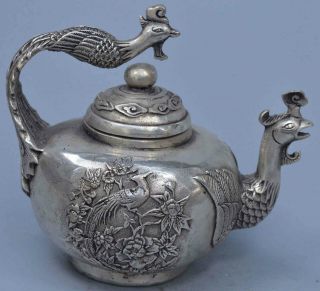 Auspicious Old Collectable Handwork Miao Silver Carve Royal Phoenix Rare Tea Pot