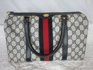 Vintage Authentic Gucci Navy Boston Bag Doctor Bag Handbag Made In Italy