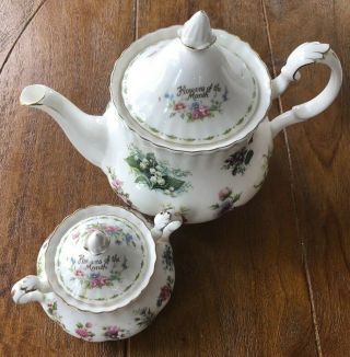 Vintage Bone China Royal Albert Flower Of The Month Teapot & Sugar Bowl