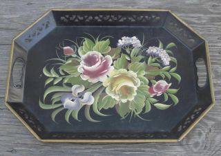 Heavy Tole Ware Metal Handled Serving Tray Hand Painted Roses Vintage Toleware