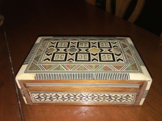 Antique Vintage Anglo Indian Wood Box With Abalone And Bone Decorations