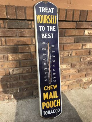 Vintage Antique Chew Mail Pouch Tobacco Porcelian Thermometer Sign,  39”