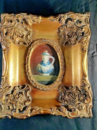 Gorgeous Antique Miniature Oil Painting Of Blue And White Vase Ornate Frame