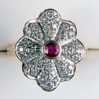 Gorgeous 14k Vintage Ruby & Pave Set Diamond Ballerina Ring Size 8