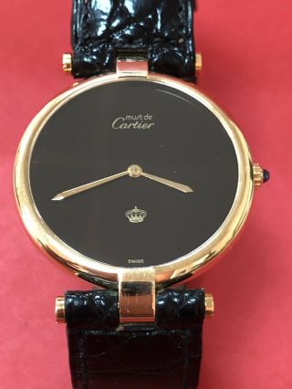 Authentic Cartier Vermeil Silver Gold Plated Black Royal Crown Dial Watch R35
