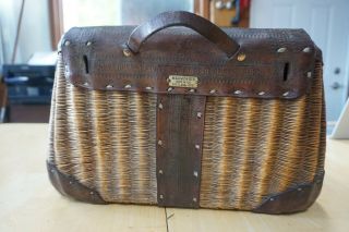 MACMONIES hand made split wicker,  buck stitched creel w/ front pouch Portland OR 5