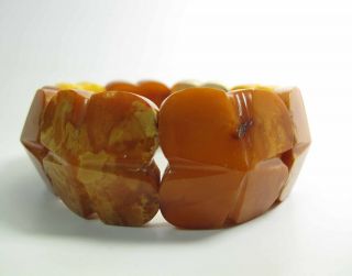 Antique Chunky Carved Egg Yolk Baltic Amber Stretch Bracelet 42.  0 Grams