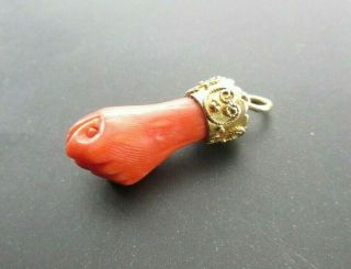 Antique Victorian 18ct Gold Real Carved Coral Mano Figa Hand Fist Amulet 3.  5g