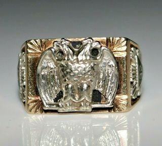 Vtg 10k Gold Scottish Rite Masonic Double Eagle,  32nd Degree Ring Size 8,  11.  9 G