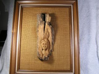 Wood Hand Carved Indian Head Wall Hanging - Mounted On Burlap - Framed