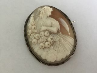Antique Victorian 1890’s Silver Greek Goddess Flowers Cameo Brooch Pin 2 1/8”