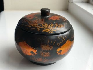 Exquisite Asiatic Japanese Vintage Wood Lacquer Round Box Gold Fish Gift