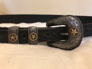 Vogt Black Floral Belt & Sterling Silver,  14k Gold Filled Ranger Buckle,  Size 34