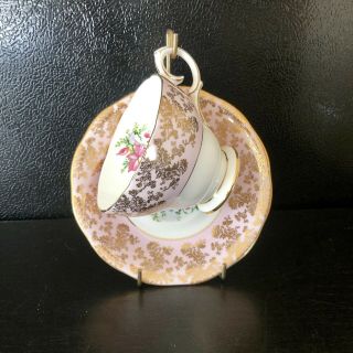 Queen Anne Fine Bone China England Tea Cup Saucer Pink Gold Floral Scalloped