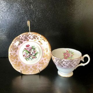 Queen Anne Fine Bone China England Tea Cup Saucer Pink Gold Floral Scalloped 2