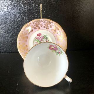 Queen Anne Fine Bone China England Tea Cup Saucer Pink Gold Floral Scalloped 5