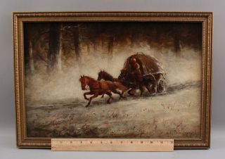 19thc Antique Adolph Shreyer Genre Oil Painting Russian Winter Horse - Drawn Wagon