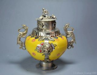 Collect Old Tibet Silver Hand Carve Dragon Inlay Porcelain Paint Delicate Censer