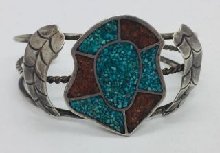 Vintage Navajo Native American Sterling Silver Turquoise & Coral Inlay Bracelet