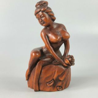 Collectible Chinese Old Boxwood Big Boobs Naked Belle Solid Wood Ornament Statue