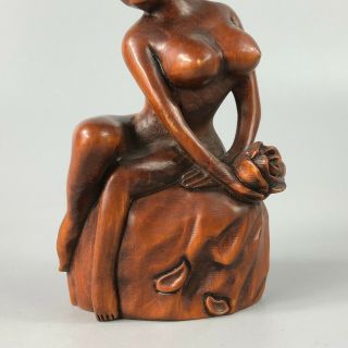 Collectible Chinese Old Boxwood Big Boobs Naked Belle Solid Wood Ornament Statue 3