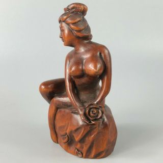 Collectible Chinese Old Boxwood Big Boobs Naked Belle Solid Wood Ornament Statue 4