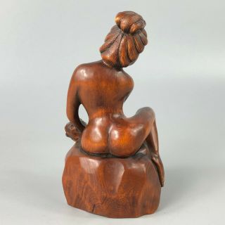 Collectible Chinese Old Boxwood Big Boobs Naked Belle Solid Wood Ornament Statue 7