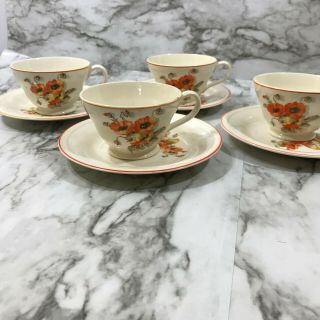 Set Of 4 Vintage Orange Poppy Tea Cups And Saucers