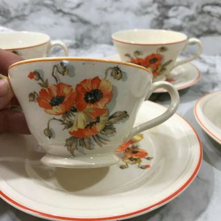 Set of 4 Vintage Orange Poppy Tea Cups and Saucers 2