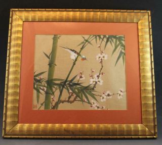 Chinese Semi Antique Painting On Silk Cherry Blossom Flowers & Bird Framed