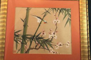 Chinese Semi Antique Painting on Silk Cherry Blossom Flowers & Bird Framed 2