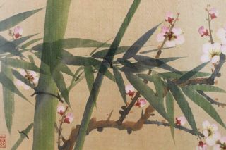 Chinese Semi Antique Painting on Silk Cherry Blossom Flowers & Bird Framed 6