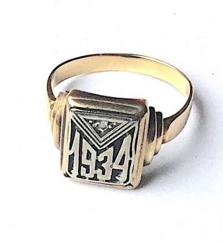 Vintage 14k Gold 1934 Signet Ring Art Deco Design With Small Diamond