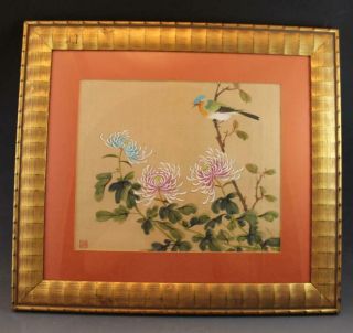 Chinese Semi Antique Painting On Silk Chrysanthemum Flowers & Bird Framed